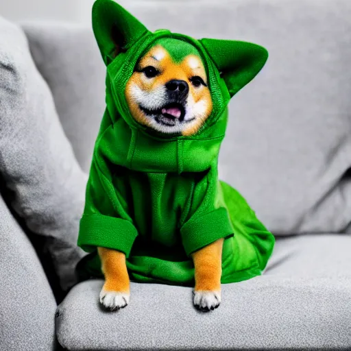 Image similar to a Shiba Inu wearing a green hoodie sitting on a couch, photo, trending on artstation, HDR, nicely detailed, 8k