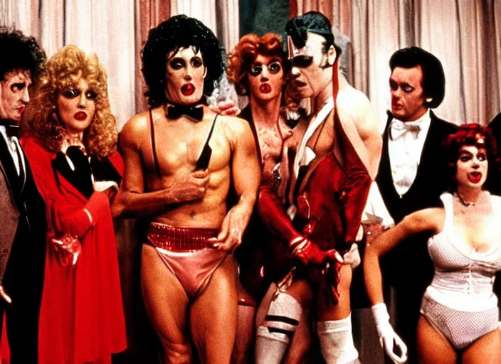 Image similar to a scene from The Rocky Horror Picture Show with Sylvester Stallone