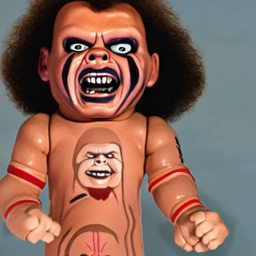 Image similar to screaming chucky doll wwf andre the giant bob ross