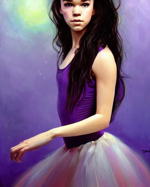 Prompt: hailee steinfeld as a ballerina, perfect face, purple halter top, black hair, abs, cinematic, young adult, slim face, stunning, adorable, cute, athletic, strong, agile, highly detailed, psychedelic, digital painting, artstation, smooth, hard focus, illustration, art by jessica rossier and and brian froud