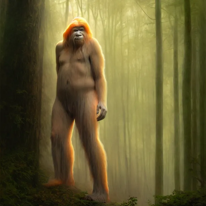 Image similar to translucent Bigfoot with flaming eyes, veiled in mist, diffuse lighting, fantasy, intricate, elegant, highly detailed, lifelike, photorealistic, digital painting, artstation, illustration, concept art, smooth, sharp focus, art by John Collier and Albert Aublet and Krenz Cushart and Artem Demura and Alphonse Mucha