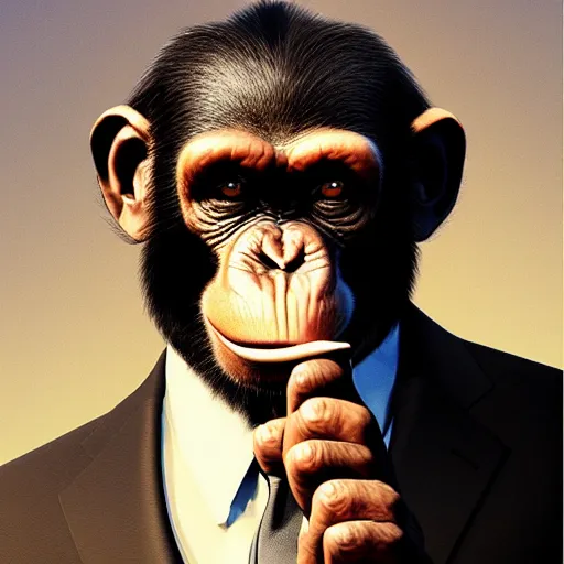 Image similar to a chimp wearing a suit smoking a cigar, dramatic lighting, cinematic, establishing shot, extremly high detail, photorealistic, cinematic lighting, artstation, style by James Gurney