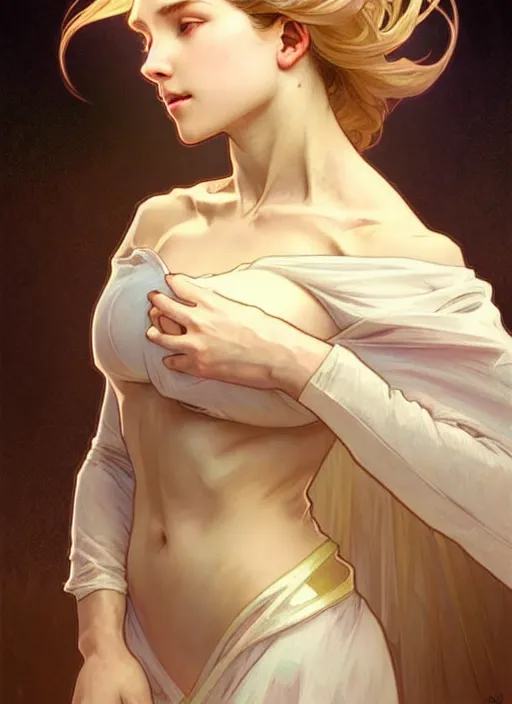 Image similar to digital character concept art by artgerm and greg rutkowski and alphonse mucha. clear portrait of a modern young wife blessed by god to uncontrollably grow overwhelmingly perfect!! blonde, in clothes! feminine well - formed holy body!! light effect. hyper detailed, glowing lights!! intricate, elegant, digital painting, artstation, smooth, sharp focus