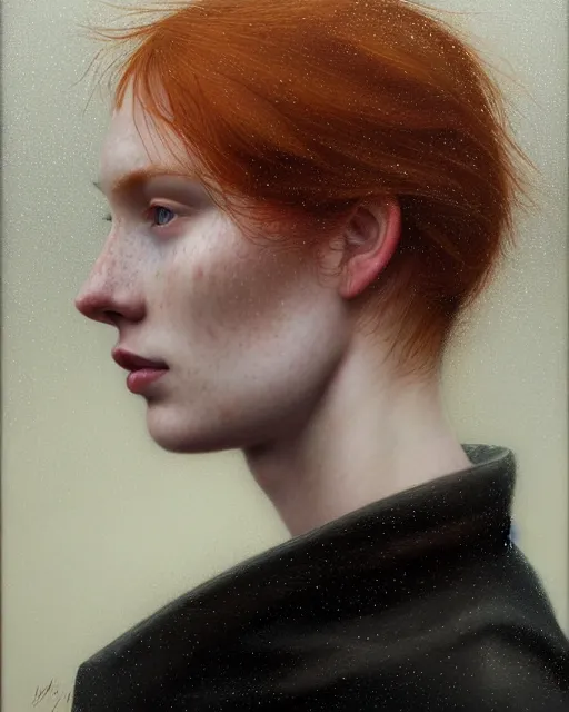 Image similar to portrait of an ethereal ginger beauty in the rain, wet freckles, by mary jane ansell