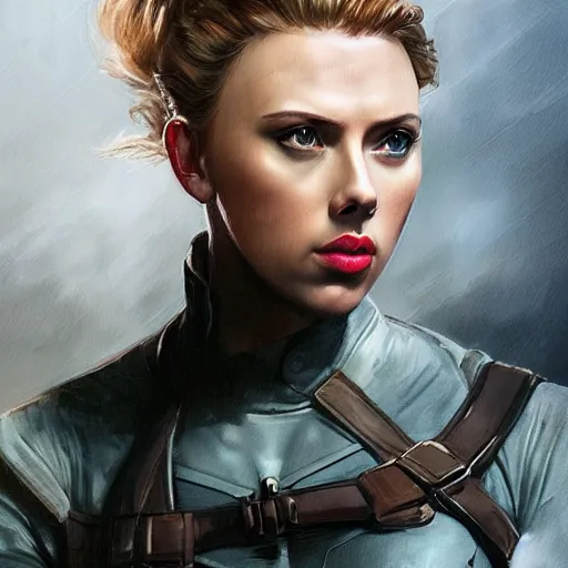 Image similar to a still of captain america played by by scarlett johansson wearing dieselpunk outfit, face portrait, hd shot, digital portrait, elegant, beautiful, fantasy art, artstation, comic style, by artgerm, guy denning, jakub rozalski, magali villeneuve and charlie bowater