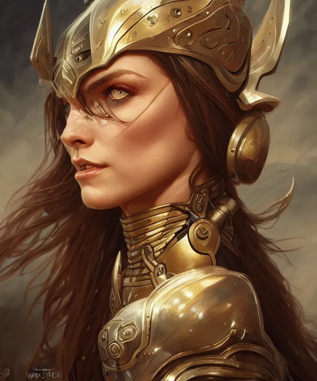 Image similar to Muscular and powerful medieval knight woman portrait, sci-fi, amber eyes, face, long hair, fantasy, intricate, elegant, highly detailed, digital painting, artstation, concept art, smooth, sharp focus, illustration, art by artgerm and greg rutkowski and alphonse mucha