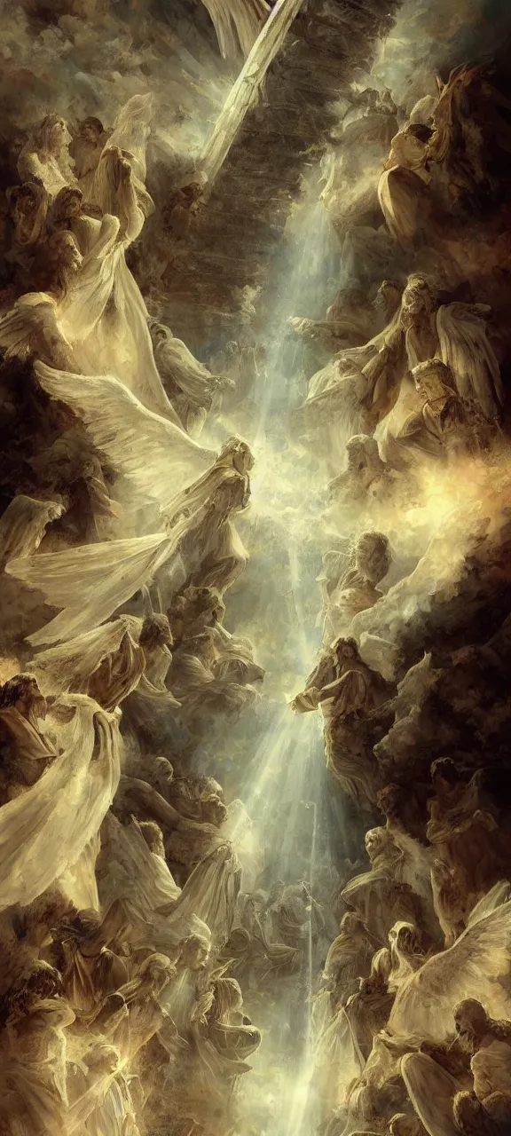 Image similar to stairway ladder to heaven many angels ascending atmospheric epic rays concept art