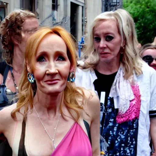 Image similar to JK Rowling starting terrified at a Pride Parade