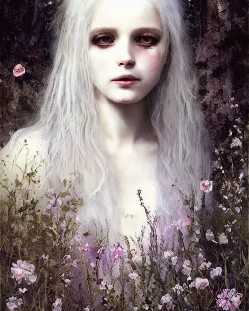 Prompt: a beautiful but creepy young woman in layers of fear, with haunted eyes, violence in her eyes, crazy white hair, wearing a punk outfit, 1 9 7 0 s, seventies, delicate embellishments, a little blood, woodland, moonlight shining on wildflowers, painterly, offset printing technique, by alexandre cabanel