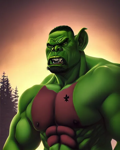 Image similar to « a 2 d portrait of a muscular green orc, reddit contest winner, ilya kuvshinov, 2 d art, parallax »