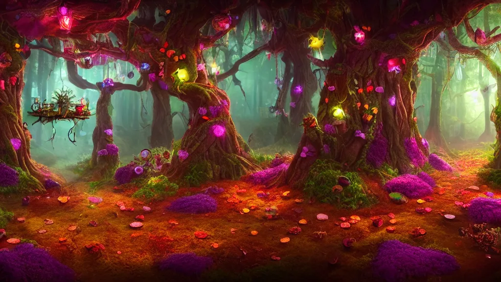 Prompt: forest made out of candy, cinematic scene, studio lighting, colorful, fantasy, intricate, fireflies, flowers, halloween, fairytale, ( visually stunning, matte painting, concept art, medium shot, trending on artstation )