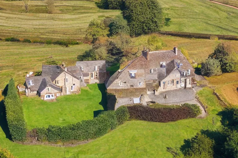 Image similar to an estate agent listing external photo of a golden 5 bedroom detached house, made of gold, metal, golden, sparkling, in the countryside, sunny day, clear skies, by Paul Lehr