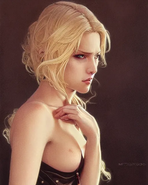 Image similar to portrait of a blonde vampire, dark, piercing eyes, gentle expression, elegant clothing, photorealistic, highly detailed, artstation, smooth, sharp focus, art by michael whelan, artgerm, greg rutkowski and alphonse mucha