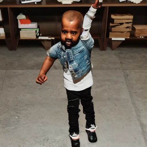 Image similar to mini kanye west dancing on a table