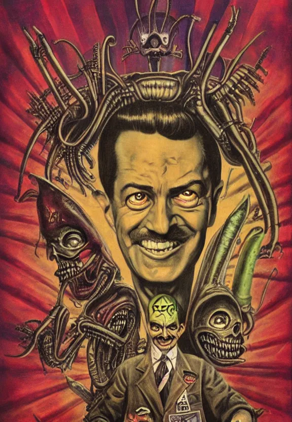 Image similar to subgenius, x - day, aliens, weird stuff, occult stuff, devil stuff, extreme detail, muted colors, vintage, stained paper, hyperrealism, stage lighting