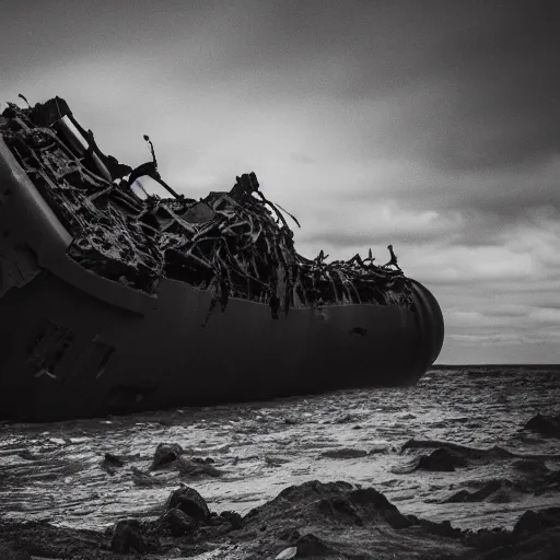 Image similar to mysterious black slime, black gooey liquid leaking out of crashed cargo ship, apocalyptic, ruined, 8 5 mm f / 1. 4