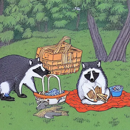 Prompt: angus picnicking with raccoons by gary larson