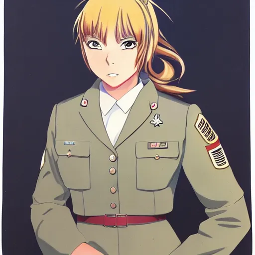 Image similar to anime girl in a 1 9 6 7 us army uniform, portrait