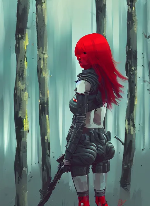 Image similar to red haired japanese girl, armored, midfigure, grey forest background, by ismail inceoglu