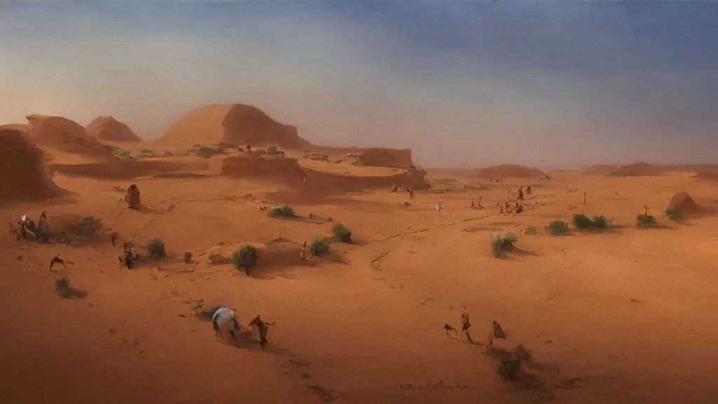 Image similar to High-Quality realist painting of a river crossing a traditional village in the Sahara Desert at dawn, peaceful, very detailed, digital art.