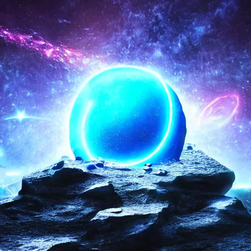 Prompt: magic round neon blue stone capable of destroying the whole multiverse with a distant galaxy in the background, full of detail, smooth, hyper realism, high detail, cinematic, dark