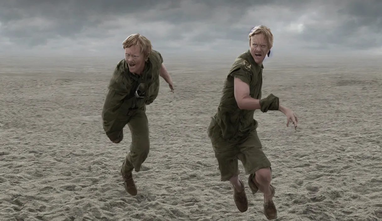 Prompt: photo realistic image of Matthew Lillard as shaggy from scooby doo, storming the beaches of Normandy, 8k HD, high detail, photorealistic, Hollywood cinematic, Christopher Nolan