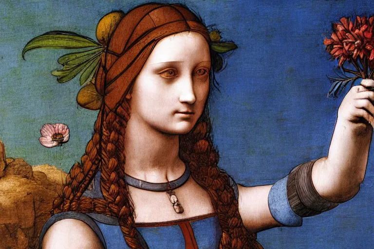 Image similar to multicolor drawing of a pretty girl with a robotic arm holding a flower by leonardo da vinci in 4 k ultra high resolution, with depressive feeling