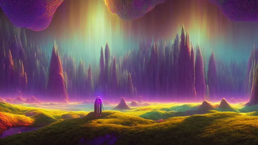 Prompt: highly detailed holographic iridescent glowing ethereal sci fi world with forests, mountains, fog at dusk, by gilbert williams, by simon stalenhag, by beeple, by bruce pennington, by moebius, octane render, with many different pastel shades of blue purple pink orange yellow green, beautiful prismatic volumetric lighting