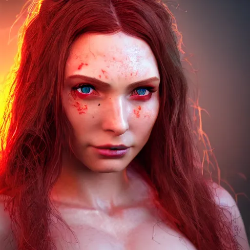 Image similar to nymph render of very beautiful 3d scarlet witch, long hair, hazel eyes, cute freckles, full round face, short smile, golden hour, apocalyptic setting, medium shot, mid-shot, highly detailed, trending on Artstation, Unreal Engine 4k