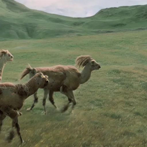 Image similar to still from lord of the rings showing the ride of the rohirrim, riding toward minas tirith on alpacas