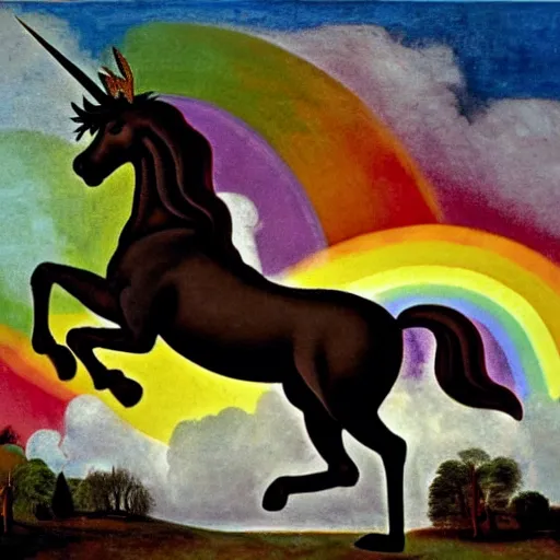 Image similar to a unicorn walking on a rainbow in the style of Caravaggio