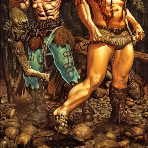 Image similar to grinning hybrid [ bulldog and man ] barbarian, fantasy warrior, drooling, ultra detailed, 4 k, style of norman rockwell, style of richard corben.