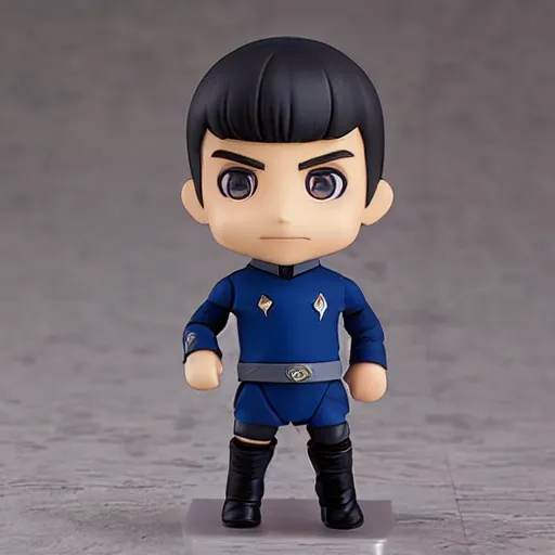 Image similar to spock from the tv series star trek, serious look, pointed ears, spock haircut, as an anime nendoroid, starfleet uniform, detailed product photo