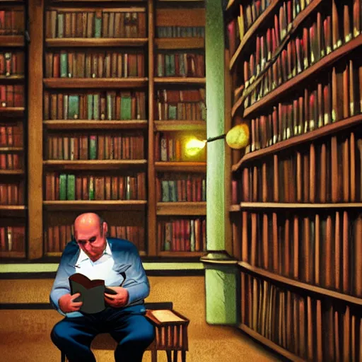 Prompt: a middle aged man in a dimly lit library, pondering over a book and a cup of coffee, art by greg rukowski