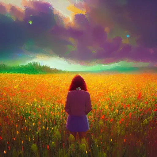 Image similar to girl with a flower face, surreal photography, bizzare, dreamlike, standing in flower field, in a valley, sunrise dramatic light, impressionist painting, colorful clouds, artstation, simon stalenhag