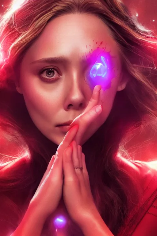 Image similar to movie still of elizabeth olsen as scarlet witch developing a barrier of red energy enveloping her body!!!!!, photorealistic art style, fantasy aesthetic. full - body photography, comprehensive art, thorough details, intricate, artstation, cgsociety contest winner