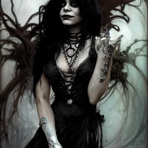 Image similar to beautiful portrait of vanessa hudgens as death from sandman, smiling, by cedric peyravernay, alphonse mucha, by jeremy mann, by lecouffe deharme, goth chic, soft lightning, eyeliner, punk rock, high detailed, 8 k