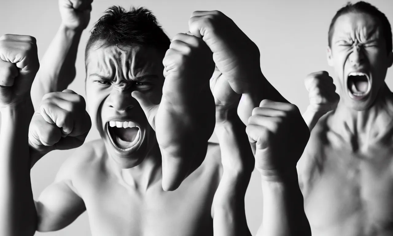 Prompt: intense moment man clenching fists and screaming in celebration happy high emotion, studio lighting, dramatic, high resolution, photorealistic.