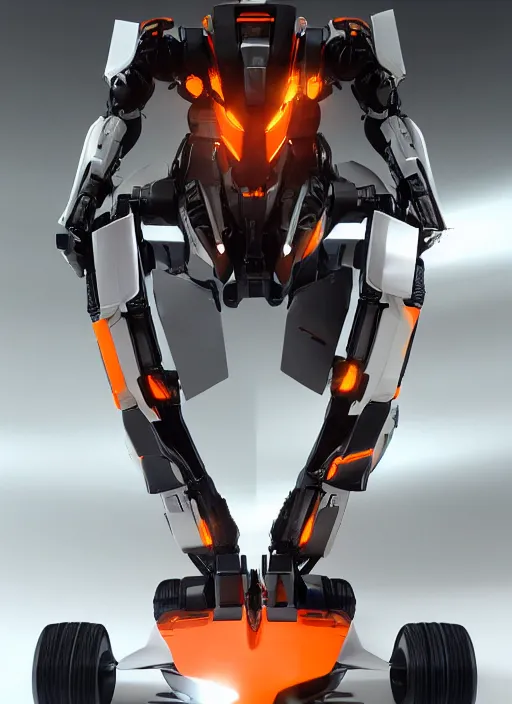 Image similar to a Photorealistic dramatic hyperrealistic full frame render of a Sleek futuristic exosuit Freedom Formula Racing Mech,Ultra realistic details,glossy white metal,Orange racing stripes,weathered surfaces,by Hidetaka Tenjin,Yoh Yoshinori,Yoji Shinkawa,Masamune Shirow,Beautiful dramatic dark moody tones and lighting,cinematic atmosphere,studio lighting,shadows,dark background, Octane render,8K