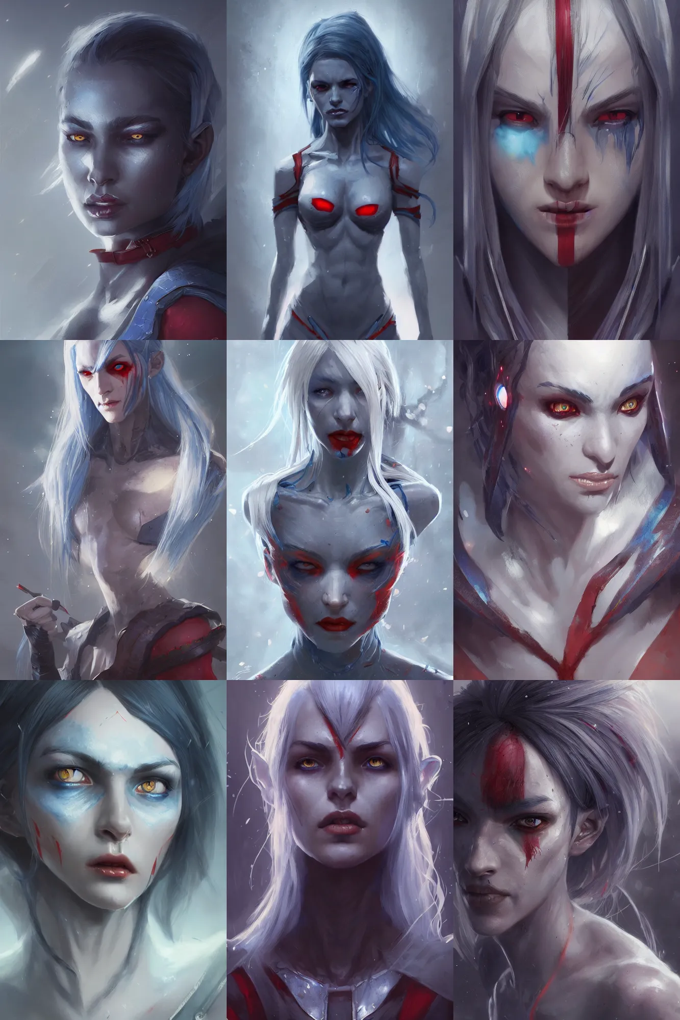 Prompt: color portrait of an attractive dark elf female (sharp features blue-gray skin with silver hair and red eyes), Greg rutkowski, Trending artstation, cinematográfica, digital Art