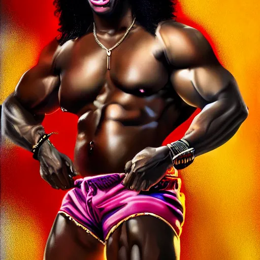 Prompt: Rick james with the physique of a body builder, hyper realistic, ultra detailed, cinematic, dynamic lighting, photorealistic, refined, intricate, digital art, digital painting, masterpiece, 8k