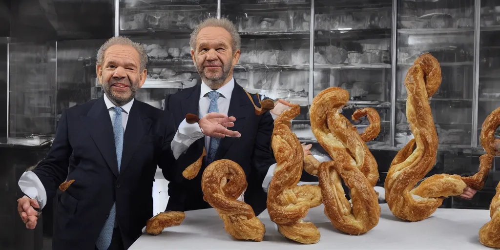 Image similar to alan sugar with really long arms holding some pastry pets. long arms. stretched limbs. pastry sheep, pastry lizard