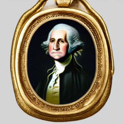 Image similar to a photorealistic colored pencil sketch of a happy George Washington wearing a gold chain around his neck with a small Doubloon coin attached as a necklace. This 4K HD image is Trending on Artstation, featured on Behance, well-rendered, extra crisp, features intricate detail and the style of Unreal Engine.