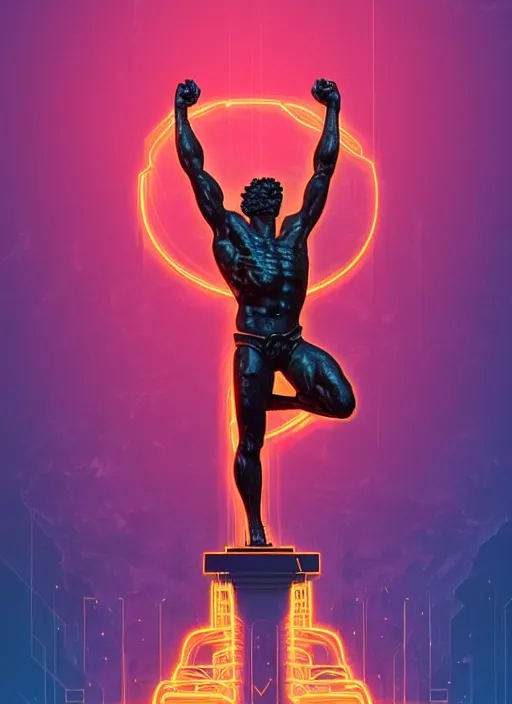 Image similar to statue of hercules, heroic, beeple, android jones, dan mumford, vaporwave, retrowave, black background, neon wiring, black, glitch, strong contrast, cuts, pinterest, trending on artstation