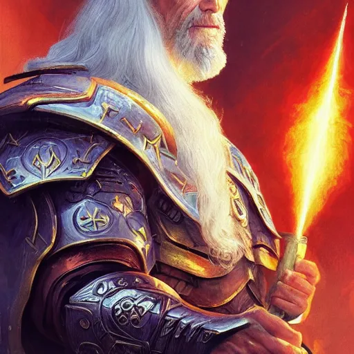 Image similar to masterpiece portrait of Paladin Zeus Wizard, stephen lang, Cinematic lightning, D&D, fantasy, highly detailed, digital painting, sharp focus, illustration, art by artgerm and greg rutkowski and magali villeneuve