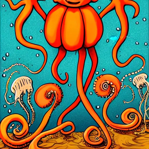 Prompt: pumpkin man with octopus legs swimming amongst a sea of cute jellyfish drawn by tim burton