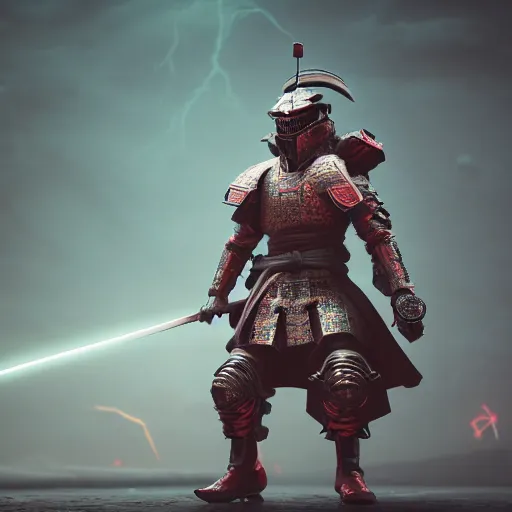 Image similar to a photo of a wide toad samurai in a futuristic armor with glowing katana sword, cyberpunk, hyper realistic, hyper detailed, volumetric lightning, grainy film, octane render, 8k, raytracing