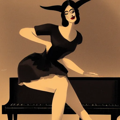 Prompt: vintage beautiful woman with devil horns, wearing an black dress and sitting in an piano, retro cartoon