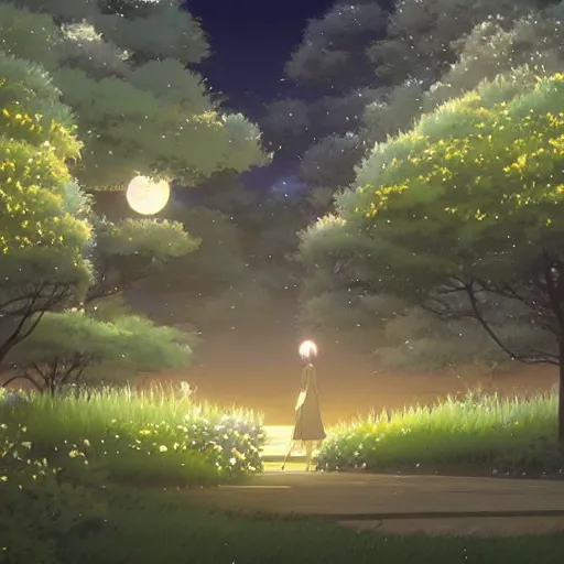 Prompt: a secret garden at night, moon, no people, by makoto shinkai