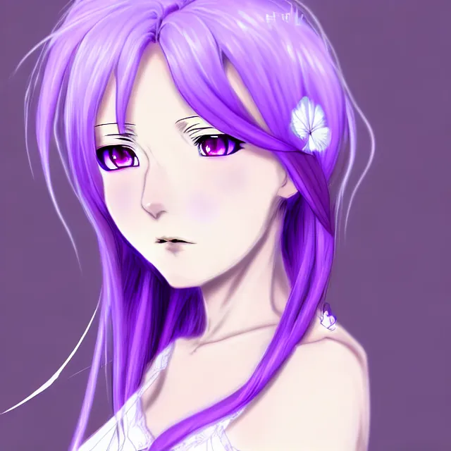 Image similar to anime girl with flowing lavender hair, purple eyes and white dress, profile photo, digital artwork, very beautiful face, extremely detailed art by hydestudio